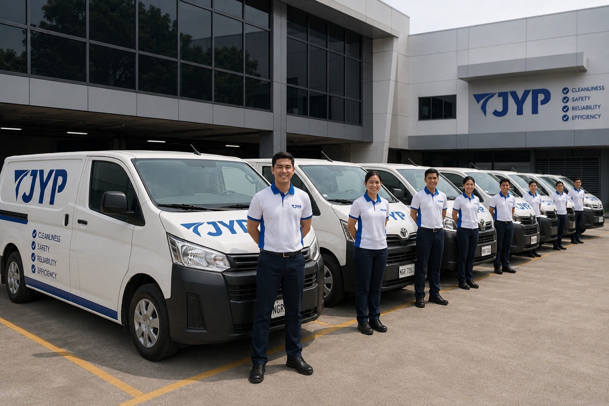 The JYP Holdings team in front of their branded fleet and headquarters