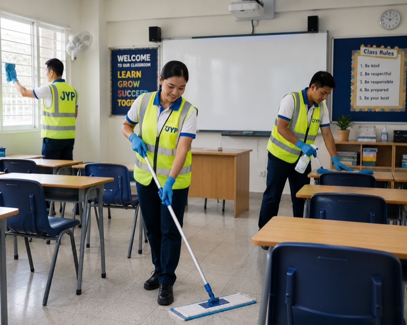 JYP team cleaning a classroom