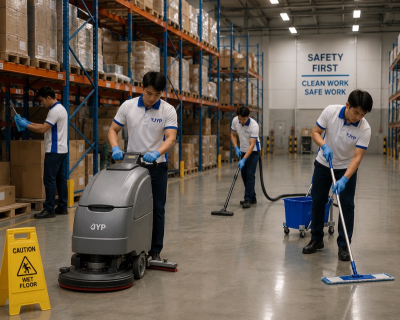 JYP team cleaning an industrial warehouse